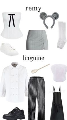 some clothes and shoes are arranged on a white background with the words renny linguinne