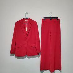 Amazing Suits. Nwt Size Medium Straight Jacket With Wide Long Pants Red Workwear Sets For Fall, Red Spring Sets With Pockets, Red Sets With Pockets For Spring, Red Workwear Pantsuit With Pockets, Red Pantsuit With Pockets For Work, Long Blazer Jacket, Faux Leather Motorcycle Jacket, Kimono Style Jacket, Faux Leather Coat