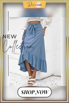 Women's Clothing Skirts Blue Solid Color Spring Autumn Skinny Skirt Lace Up High Waist Ruffle Hem Midi A-line Skirt Solid Color Mini Wrap Skirt For Spring, Spring Solid Color Mini Wrap Skirt, Solid Color Spring Mini Wrap Skirt, Blue Flared Skirt For Brunch, Blue Solid Color Mini Skirt, Brunch Blue Flowy Skirt, Solid High Waist Wrap Skirt For Spring, High Waist Solid Wrap Skirt For Spring, Blue Tiered Wrap Skirt For Spring