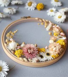 a close up of a embroidery hoop with flowers on it and daisies in the background