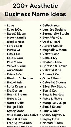 a list of business name ideas with the words, 200 + aesthetic business name ideas