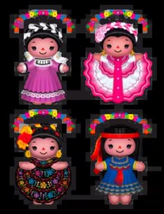 four stickers with different types of dolls on them