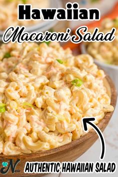 hawaiian macaroni salad in a wooden bowl with the words authentic hawaiian salad below it