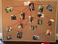 a cork board with pictures pinned to it and some red string attached to the cork