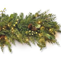 a christmas garland with pine cones and lights