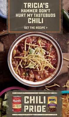 a menu for chili pride with an image of a bowl of chili and cheese on the side