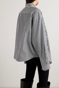 BALENCIAGA Swing oversized striped cotton-blend poplin shirt | NET-A-PORTER Oversized Vertical Stripes Blouse For Work, Oversized Striped Shirt For Daywear, Oversized Top With Striped Collar For Work, Balenciaga Clothing, Celebrity Outfits, Poplin Shirt, Slim Jeans, Net A Porter, Women Collection