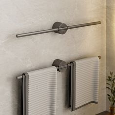 two towel racks mounted to the side of a wall next to a potted plant