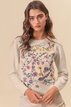 Round Neckline Long Sleeve Embroidered Floral Detail Soft Knit Fabrication Machine Wash Cold, Dry Flat Color: Oatmeal, Multi Floral Packaged and Shipped from Indianapolis, IN model is wearing size small Fitted Crew Neck Sweater With Floral Embroidery, White Sweater With Floral Embroidery, White Floral Embroidery Winter Sweater, Fitted Winter Sweater With Floral Embroidery, Winter Sweater With Floral Embroidery, Denim Short Romper, Embroidery Sweater, Athleisure Tops, Mini Sundress