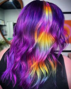 Vivid Hair Color Placement, Colorful Hair Dye Ideas, Rainbow Hair Color Ideas, Rainbow Waterfall, Wedding Hair Colors, Mermaid Hair Color, Androgynous Hair