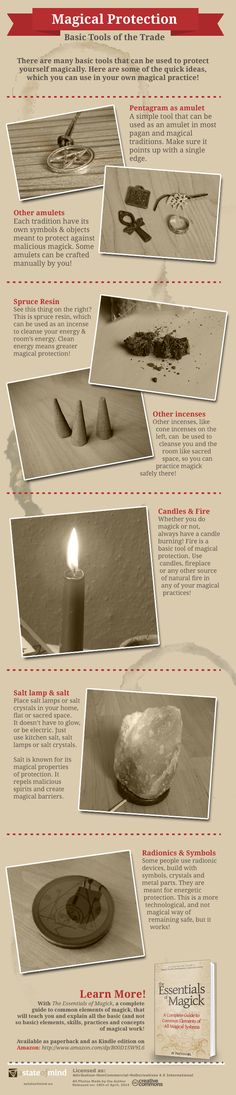 An infographics educating in the basic tools of magical protection like amulets or incenses - useful for magick, occult and pagan practitioners. Which Witch, Wicca Witchcraft, Pagan Witch, White Witch, Wiccan Spells, Basic Tools, Practical Magic, Kitchen Witch, Magic Spells