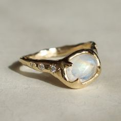 Moonstone and Diamond Ring, 14k Gold | From Isla Jewelry Engagement Rings Moon, Celestial Wedding Ring, Star Wedding Ring, Star Engagement Ring, Celestial Rings, Magical Ring, Flush Set Diamond, Constellation Ring, Celestial Ring