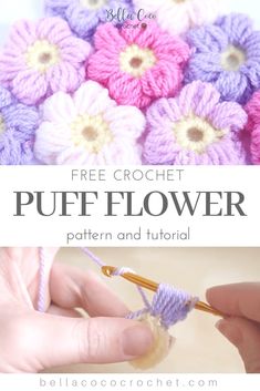 the crochet puff flower is being worked on by someone using yarn to make it