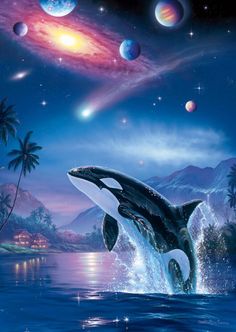 an orca jumping out of the water with planets in the background