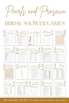 the bridal shower game is shown in gold and white