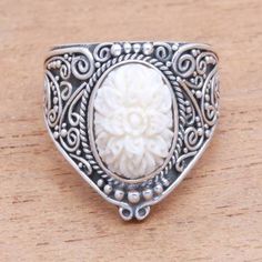 Hand-Carved Floral Sterling Silver and Bone Cocktail Ring - Intricate Majesty | NOVICA Silver Gemstone Rings, Jewellery Exhibition, Silver Cocktail, Sterling Silver Dangle Earrings, Silver Earrings Dangle, Silver Pendant Necklace, Cocktail Ring, Sterling Silver Charm, Jewelry Gift Box