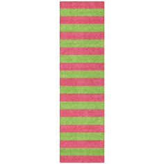 a pink and green striped rug on a white background