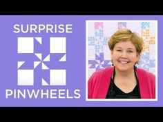 a woman smiling in front of a purple background with the words surprise pinwheels