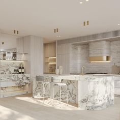 a kitchen with marble counter tops and bar stools in the middle of the room