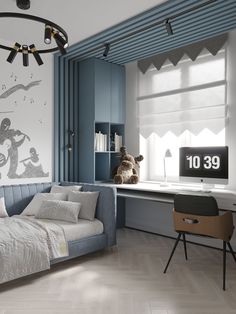 a bedroom with a bed, desk and chair next to a wall mural on the wall