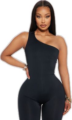 Black Sleeveless Bodycon Bodysuit, Black Stretch One-shoulder Tank Top, One Shoulder Black Tank Top For Night Out, Black One-shoulder Tank Top For Night Out, Black Sleeveless Elastane Bodysuit, Sleeveless Black Elastane Bodysuit, Sleeveless Shapewear Bodysuit For Night Out, Sleeveless Stretch Shapewear Jumpsuit, Stretch Sleeveless Shapewear Jumpsuit