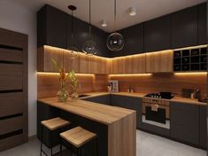 a modern kitchen with wooden cabinets and counter tops