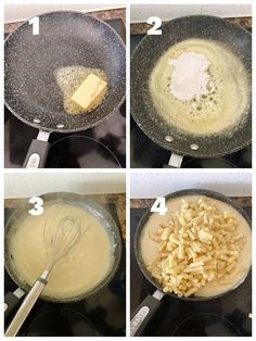 four pictures showing how to cook pasta in a skillet with cheese and seasoning