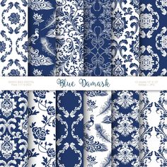 blue damask digital paper pack