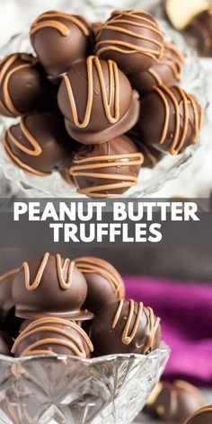 chocolate covered peanut butter truffles in a glass bowl