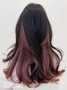 Dyed Dark Hair Ideas, Pretty Highlights For Black Hair, Aesthetic Hair Ideas Color, Aesthetic Hair Highlight Ideas, Pink Hair Ideas For Black Hair, Peekaboo Hair Color For Asian, Hair Highlights Ideas For Black Hair, Black Hair With Hidden Color, Hair Tip Color Ideas For Black Hair