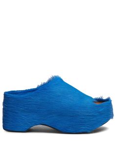 blue calf hair slip-on style peep toe branded leather insole platform rubber sole Blue Round Toe Platform Slippers For Spring, Blue Platform Slip-on Clogs, Blue Mules With Removable Insole, Blue Leather Platform Mules, Modern Blue Slip-on Mules, Blue Mules With Deep Heel Cup And Open Heel, Platform Mules, Chanel 2, Iconic Bags