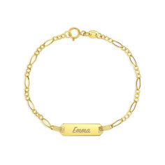 A classic engravable tag id bracelet for baby girls and boys that features an elegant figaro chain. This bracelet is crafted from genuine 14k yellow gold, a material that is safe for your baby with sensitive skin. This classic bracelet makes for a beautiful gift for a baby or toddlers special birthday. Gift box included with purchase. Teen Ring, Teen Necklaces, Teen Earrings, Boys Bracelets, Kids Bracelet, Baby Necklace, Baby Rings, Teen Jewelry, Baby Earrings