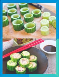 cucumbers and chopsticks on a plate with dipping sauce next to them