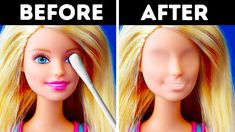 the before and after photos of barbie doll makeover with makeup brush on her face