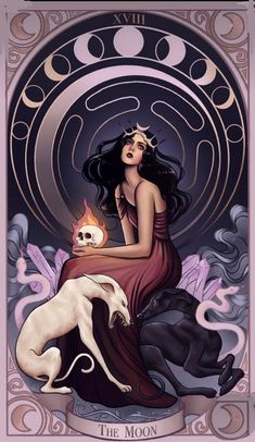 a woman sitting on top of a white dog next to a skull and demon head