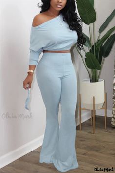 Olivia Mark - Premium Light Blue Solid Straight Long Sleeve Two Piece Set: Exuding a Classy European and American Celebrities Inspired Casual Charisma American Casual Style, Grey Two Piece, Red Two Piece, American Casual, Two Piece Pants Set, Matching Leggings, Flare Leg Pants, Bell Bottom Pants, Inspirational Celebrities