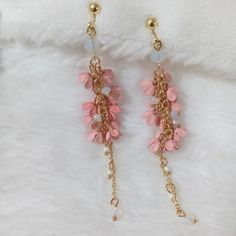 Pink Gold Tone Flower Clip On Earrings No Piercing Needed Pink Dangle Flower Earrings, Pink Feminine Flower Drop Earrings, Feminine Pink Flower Drop Earrings, Spring 3d Flowers Dangle Earrings, Pink Dangle Flower Earrings For Spring, Pink Feminine Dangle Flower Earrings, Pink Flower Drop Earrings, Feminine Pink Dangle Flower Earrings, Feminine Pink Dangle Earrings