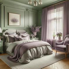 a bedroom with green walls and purple drapes on the windowsills, a bed covered in lilac