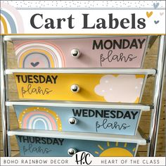 the drawers are painted in different colors and patterns, with text that reads cart labels