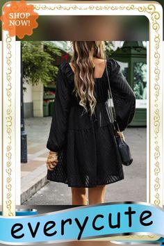 Black Square Neck Jacquard Chiffon Long Sleeve Dress Elegant Black Mini Length Chiffon Dress, Elegant Black Chiffon Mini Dress, Elegant Black Mini Chiffon Dress, Fall Party Chiffon Dress, Chic Fall Party Chiffon Dress, Black Chiffon Dress For Fall, Elegant Black Long Sleeve Chiffon Dress, Spring Black Chiffon Mini Dress, Black Chic Chiffon Dress