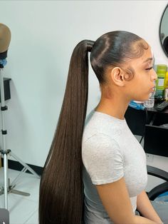 Ponytails With Weave For Black Women, Gelled Ponytail Hairstyles, Long Frontal Ponytail, Long Ponytail Black Women, Ponytail With Weave Black Women, Slick Back Long Ponytail, Ponytail Black Girls Hairstyles, Quick Weave Hairstyles Ponytail, Ponytail Extension For Black Women