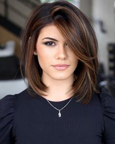 Shoulder Length Hair Asymmetrical, Edgy Easy Hairstyles, Mid Style Haircut, Easy Hair Color To Maintain Brunette, One Length Medium Haircut, Short Hair Styles For Thick Hair Women, Short To Medium Hair Styles, Black Hair With Highlights And Lowlights, Mom Chop Hair