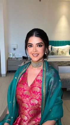 Shikha Gajendragadkar | Thrilled to welcome back by lovely client Maanya , now for her engagement! She’s glowing with a spark in her kohl-rimmed eyes and her… | Instagram Trousseau Outfits Indian, Fushia Pink Outfit, All Over Suit Design, Banarsi Saree Look, Banarasi Salwar Suit, Engagement Saree Look, Fashion Outfits Indian, Party Wear Kurta, Anarkali Dress Pattern