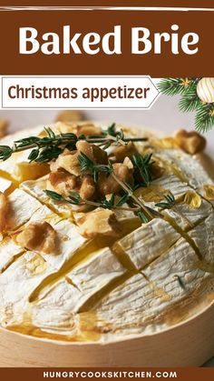 baked brie with christmas appetizer toppings on top and text overlay