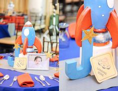 two pictures of a baby's first birthday party with an elephant cake topper