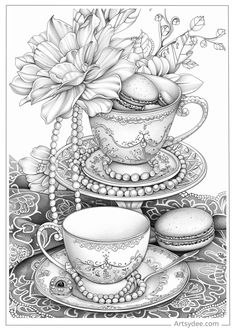 a drawing of tea cups and saucers with flowers