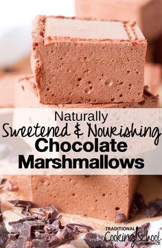 chocolate marshmallows stacked on top of each other with text overlay that reads naturally sweetened and nourishing chocolate marshmallows