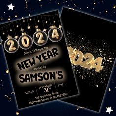 two new year's eve party flyers with gold and black numbers, stars and confetti