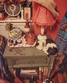 a cat laying on top of a green table next to a lamp and other items