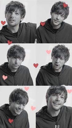 four pictures of a man making faces with hearts on the wall behind him and holding a beer in front of his face